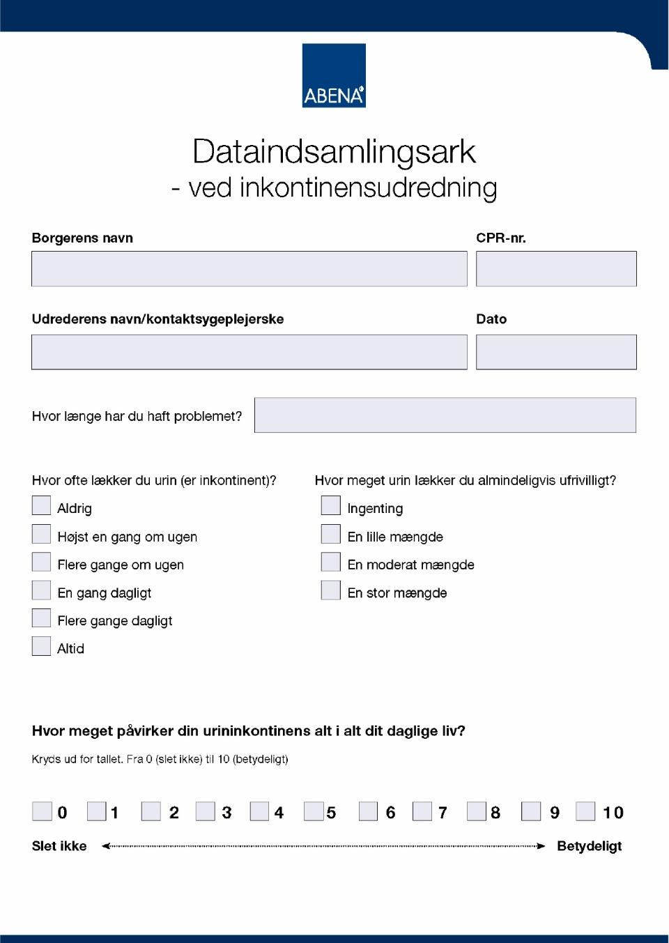 Dataindsamlingsark ved inkontinensudredning forside